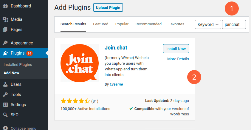 Installing Joinchat in the WordPress admin