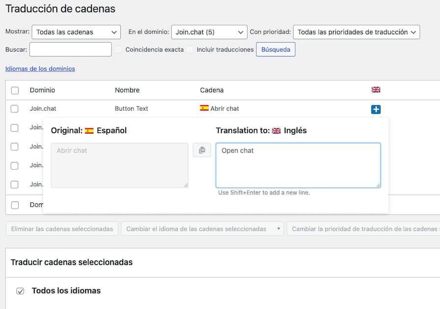 Traducir cadenas de Joinchat con WPML