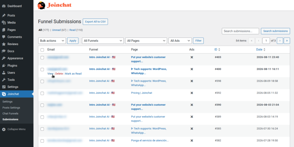 chat funnels submissions